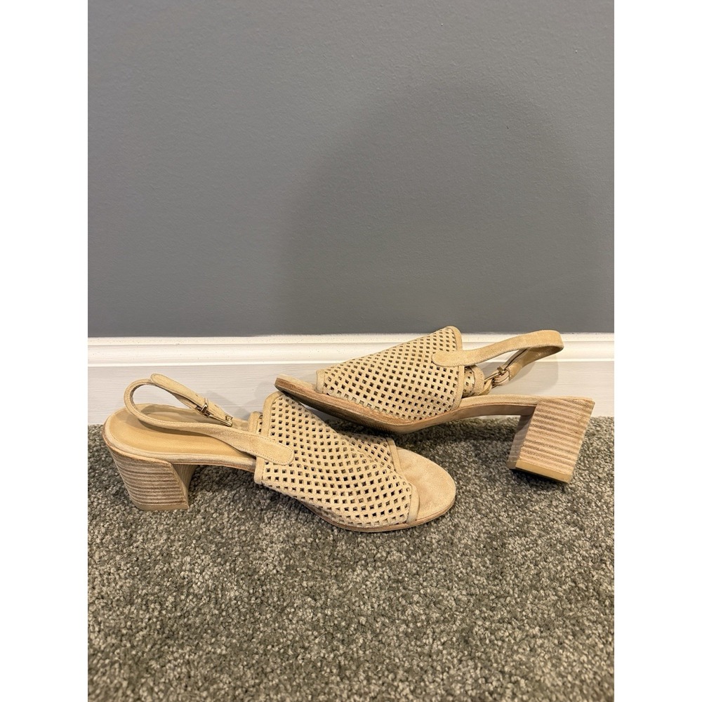 Stuart Weitzman Perforated Suede Slingback Sandals Mid Height Block Tan Size 8.5
